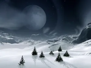 Winter Holiday Desktop With Pine Trees In A Snowy Mountain Wallpaper