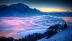 Winter_ Mountain_ Mist_ Sunset_4 K Wallpaper