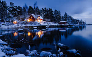 Winter Night Desktop With A Lake Wallpaper