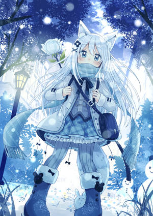 Winter Phone Anime Girl Dog Ears Wallpaper