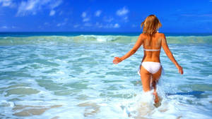 Woman Beach Ocean Waves Wallpaper