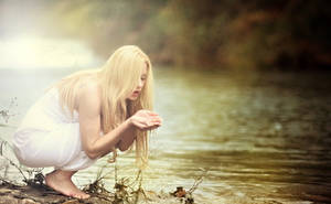 Woman In White Dress Drinking Water Wallpaper