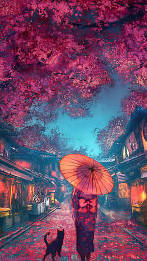 Woman With Kimono Under A Cool Japanese Tree Wallpaper