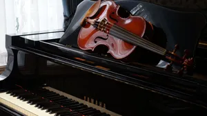 Wooden Chordophone Violin Instrument And Piano Wallpaper