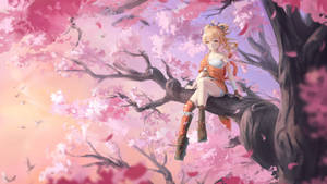 Yoimiya Sitting On Tree Wallpaper