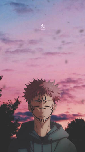 Yuji With Markings Closed Jujutsu Kaisen Iphone Wallpaper