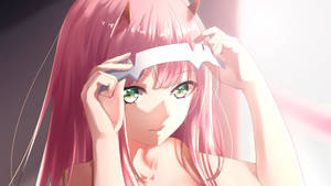 Zero Two Patiently Fixes Her Headband On A Bright Morning Wallpaper