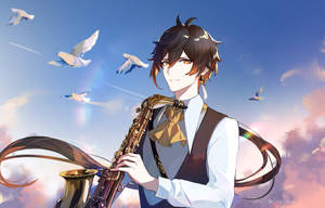 Zhongli Playing Alto Saxophone Wallpaper